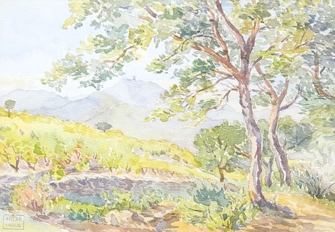Jean Vassal (1902-1986), Trees beside a pond in a landscape, studio lamp lower left, watercolour, 17 x 24cm